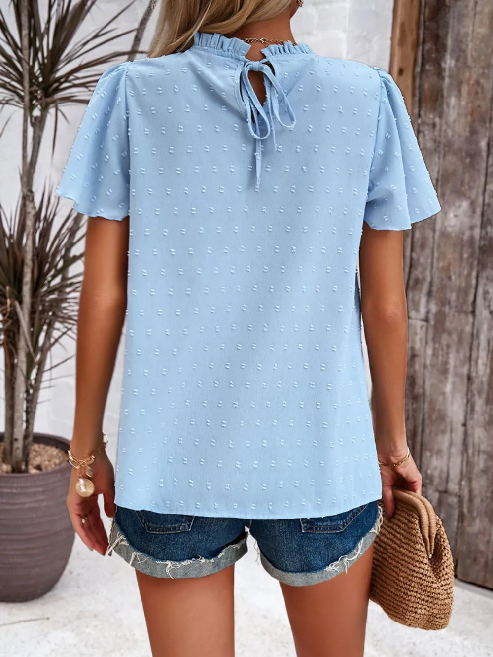 Devine Swiss Dot Smocked Round Neck Short Sleeve Blouse