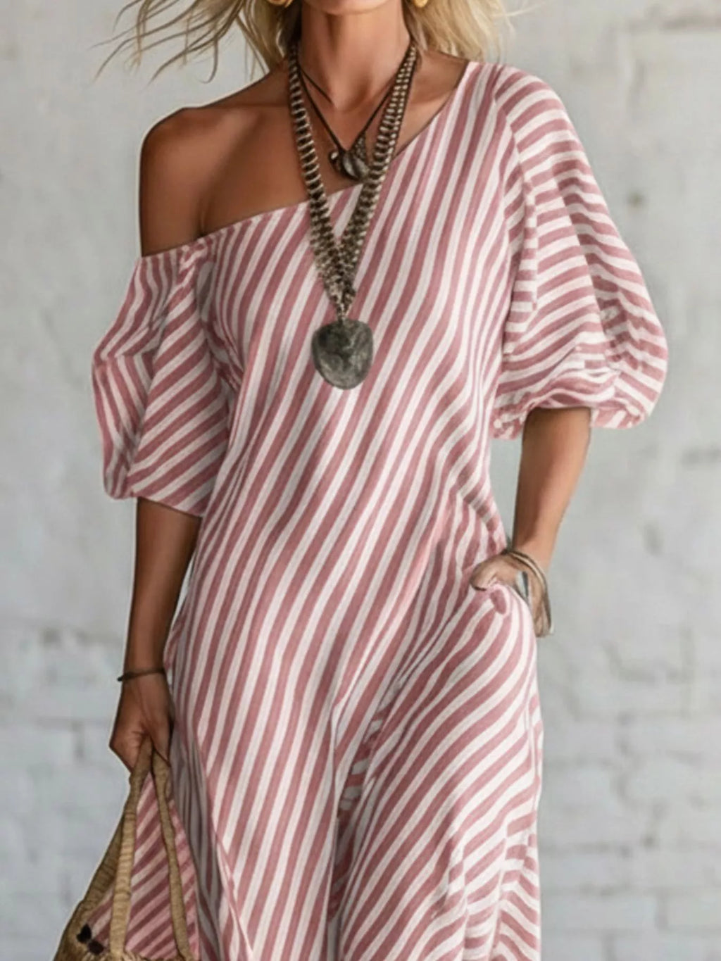 Full Size Striped One-Shoulder Casual Maxi Dress Plus Size