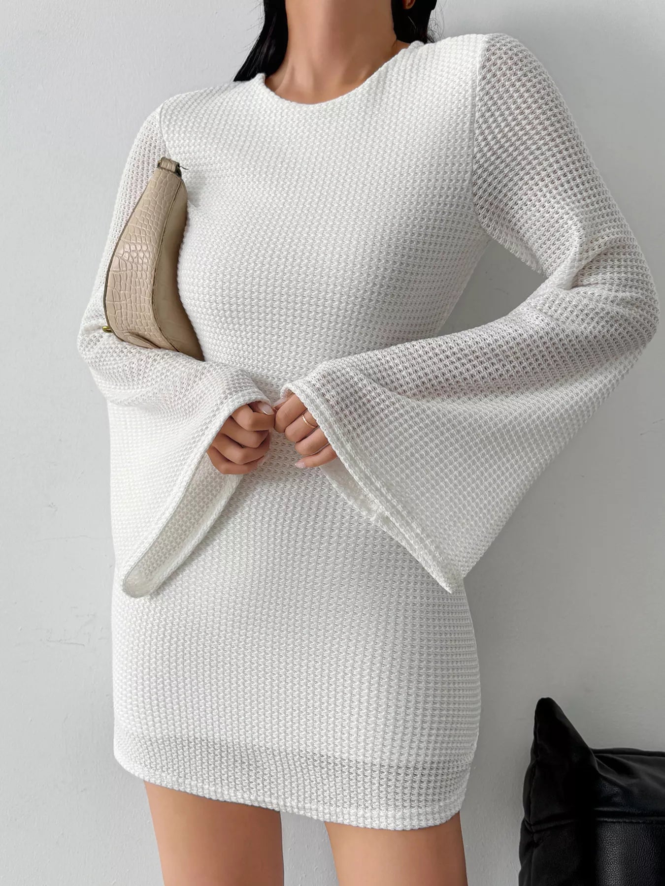 Backless Waffle Knit Flare Sleeve Mini Dress