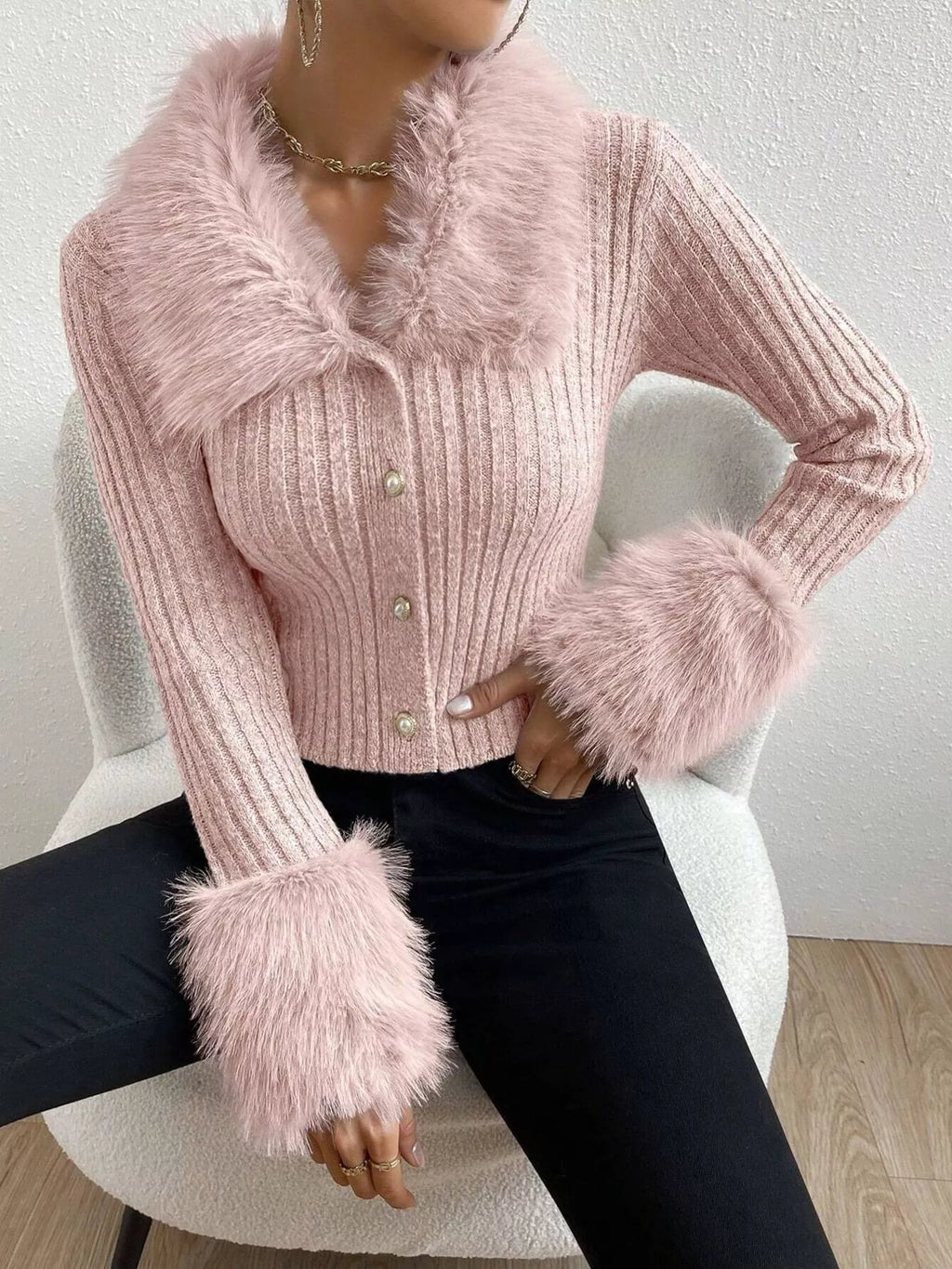 Faux Fur Trim Ribbed Knit Cropped Cardigan