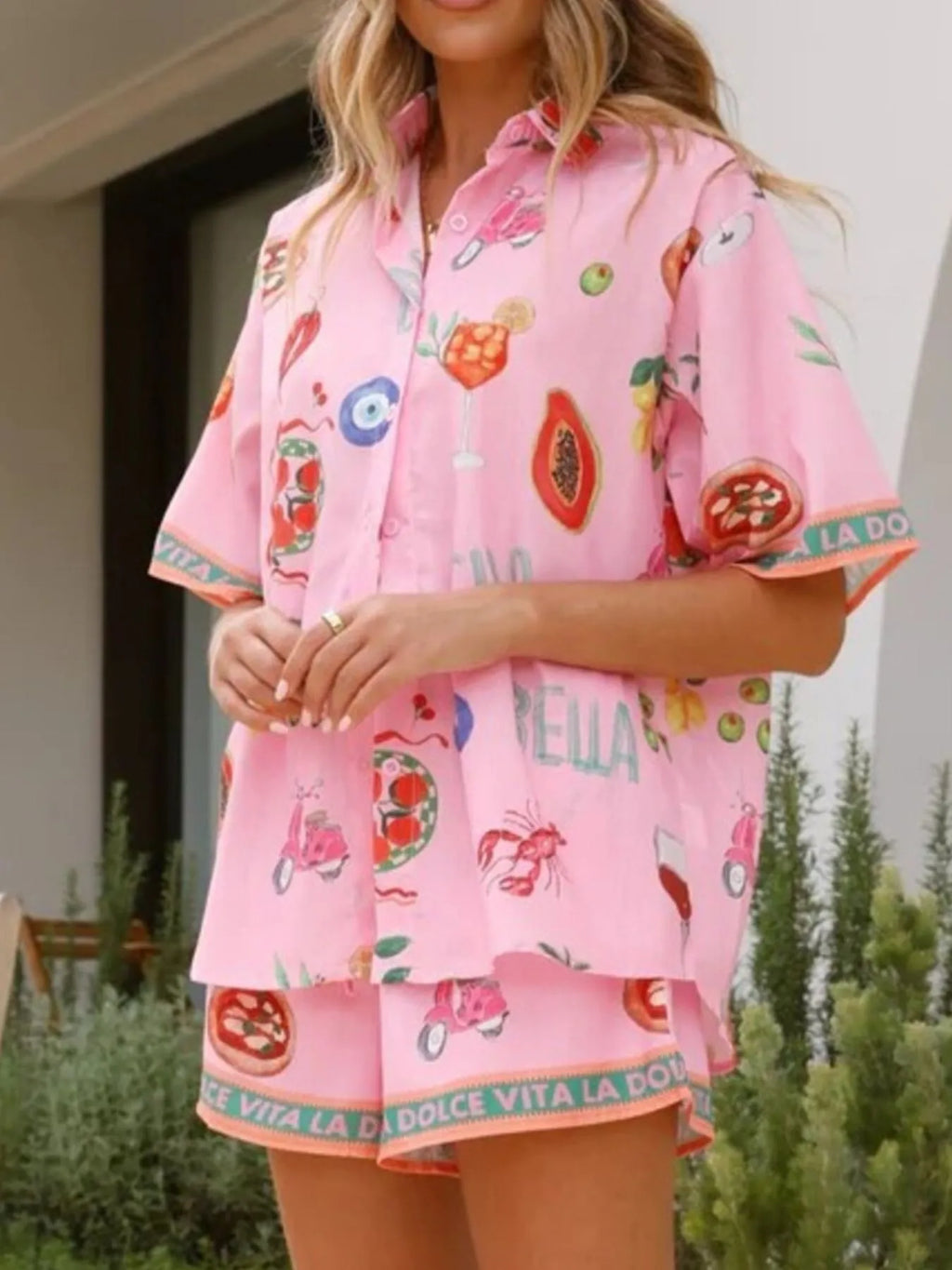 Printed Button Up Shirt and Shorts Set
