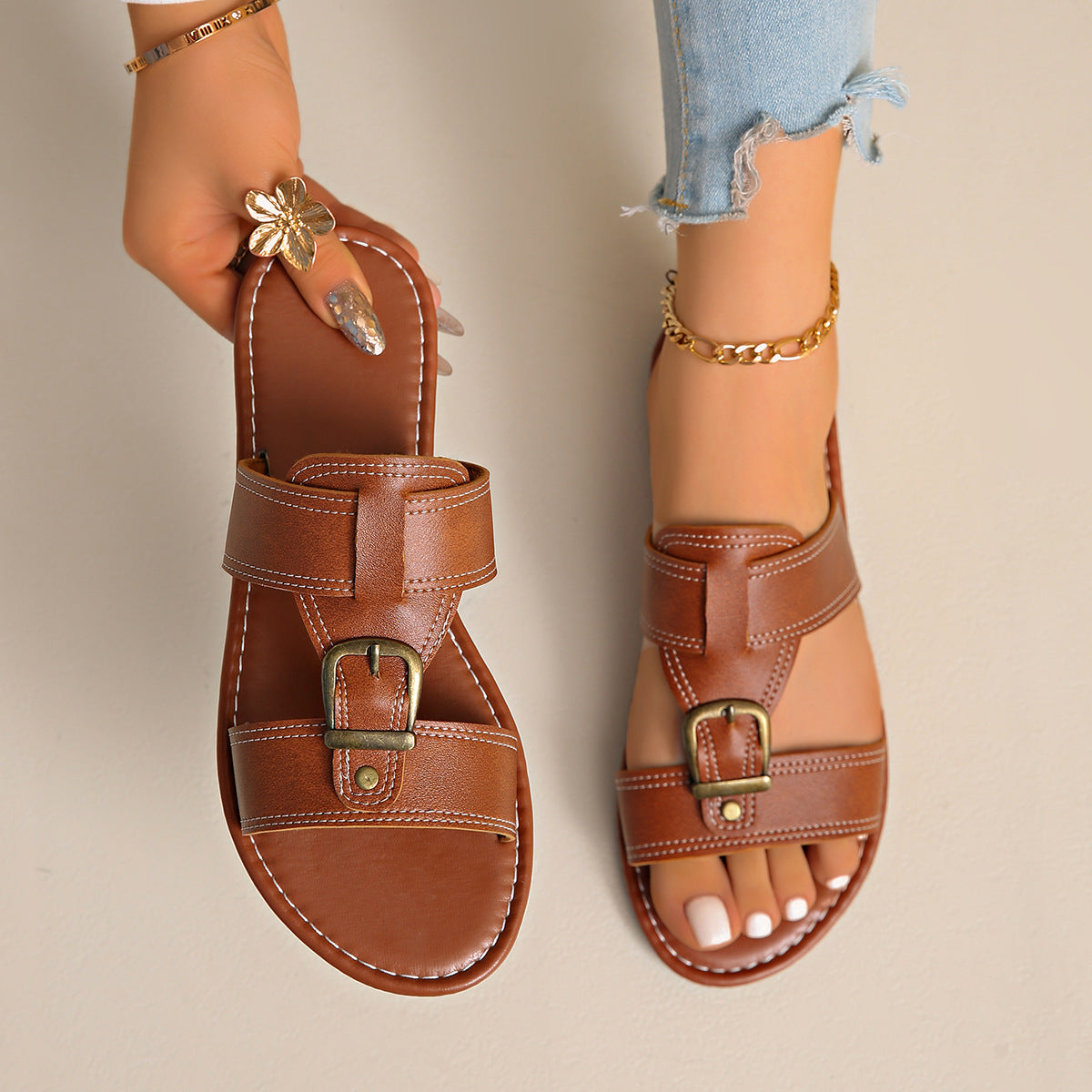 Buckled Leather Slide Sandals