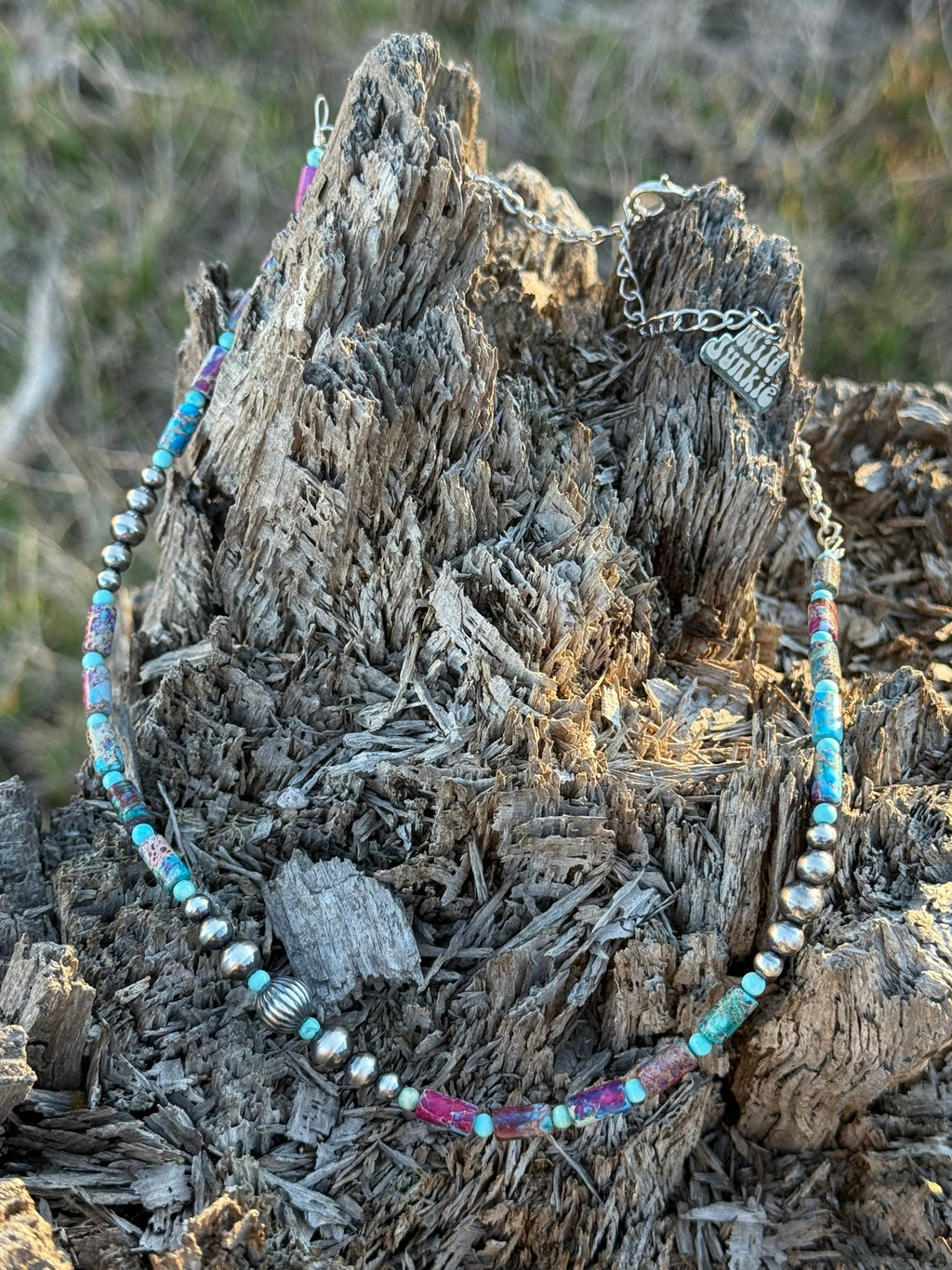 Corrugated Silver Pearl and Jasper Barrel Bead Necklace