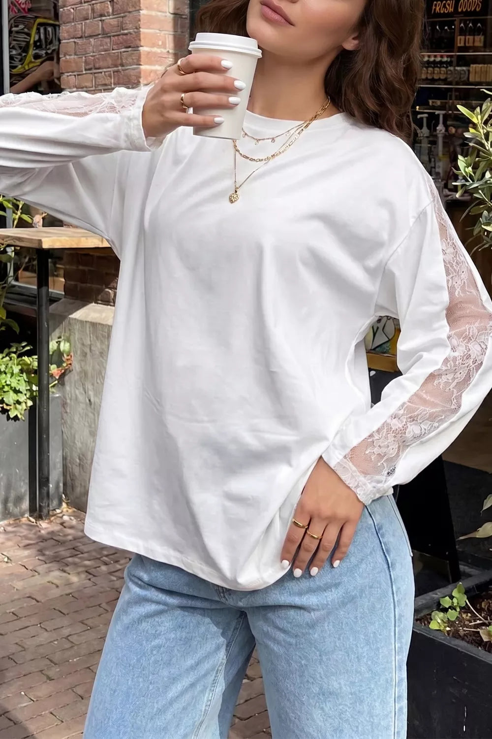 Lace Patchwork Round Neck Long Sleeve Top