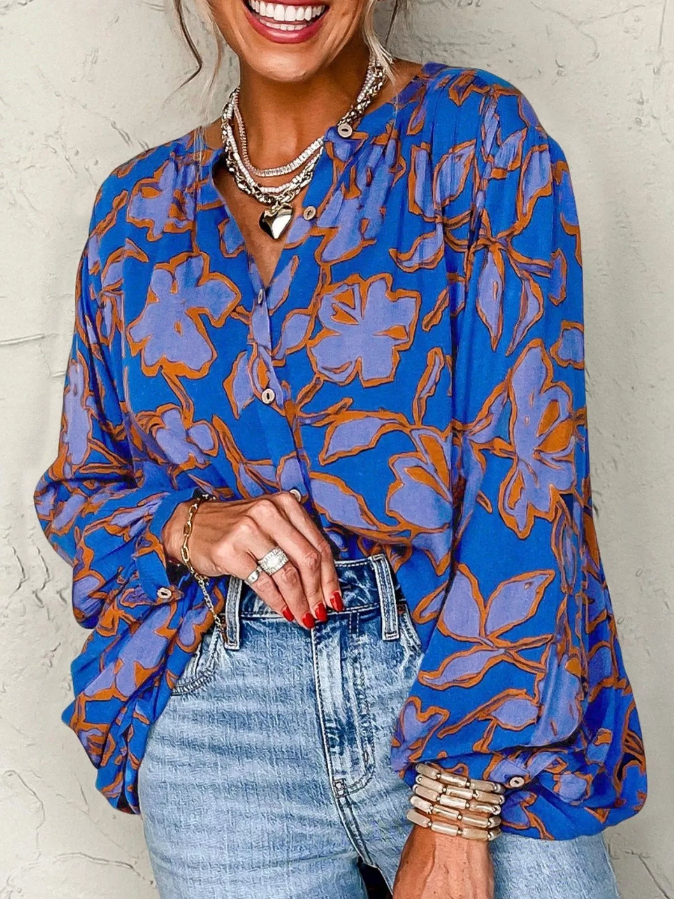 Floral Print Batwing Sleeve Buttoned Loose Fit Shirt