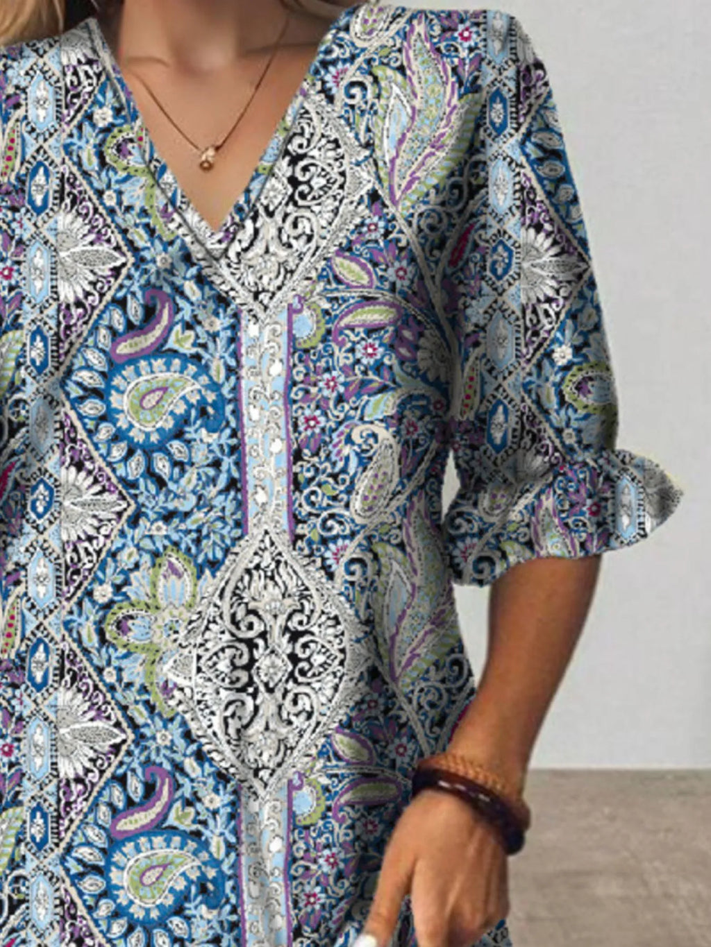 Full Size Bohemian Paisley Print V-Neck Midi Dress Plus Size
