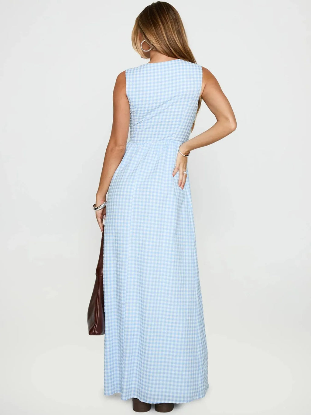 Plaid Tie Front Sleeveless Maxi Dress