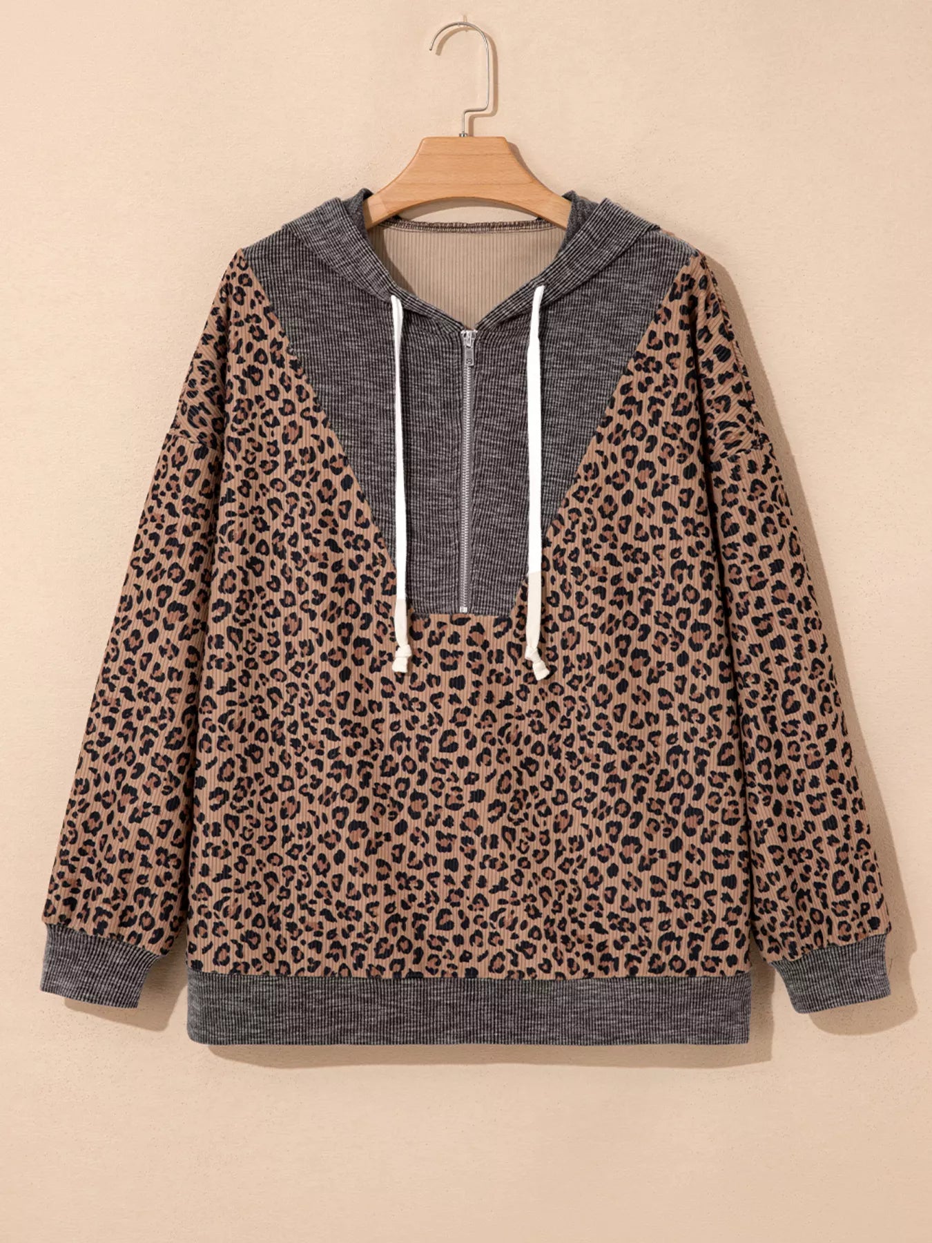 Ribbed Leopard Print Contrast Collar Zip Hoodie