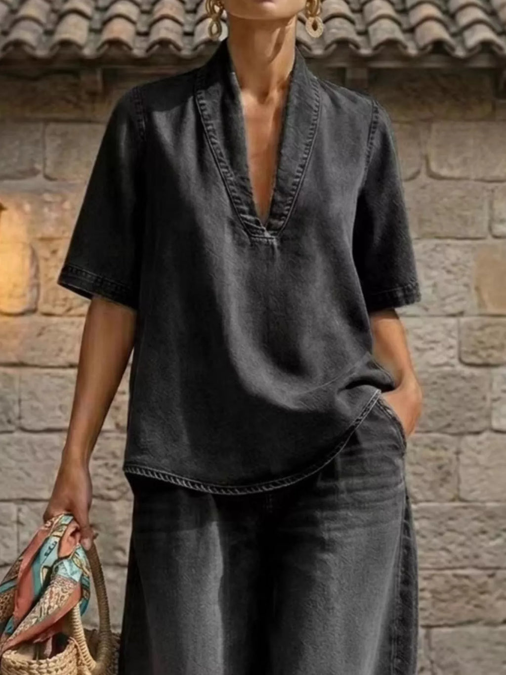 Full Size Half Sleeve Top and Wide Leg Pants Set Plus Size