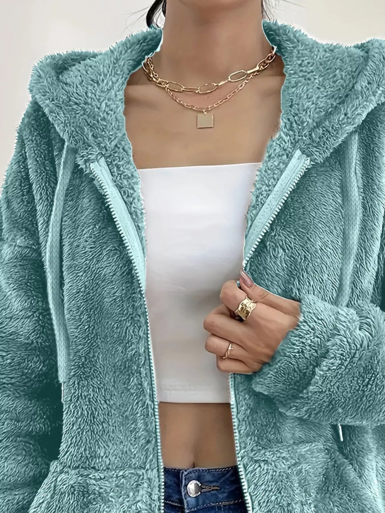 Drawstring Fleece Zip-Up Outerwear