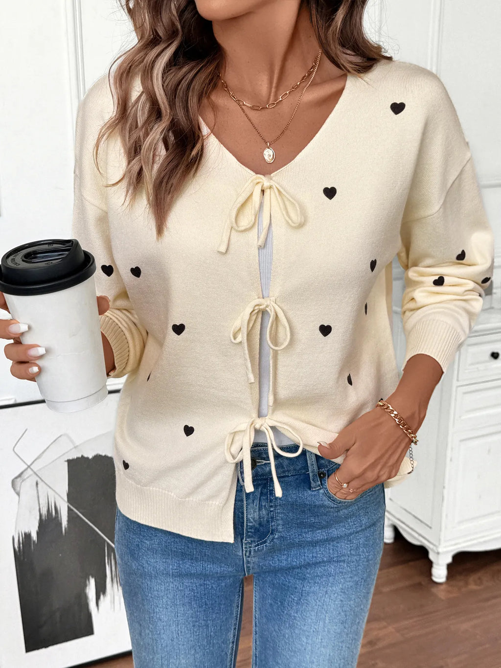 Heart Tie-Front Long Sleeve Cardigan