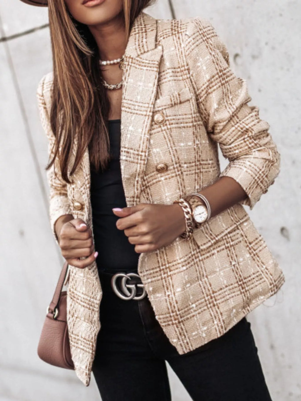 Full Size Plaid Tweed Double-Breasted Blazer Plus Size