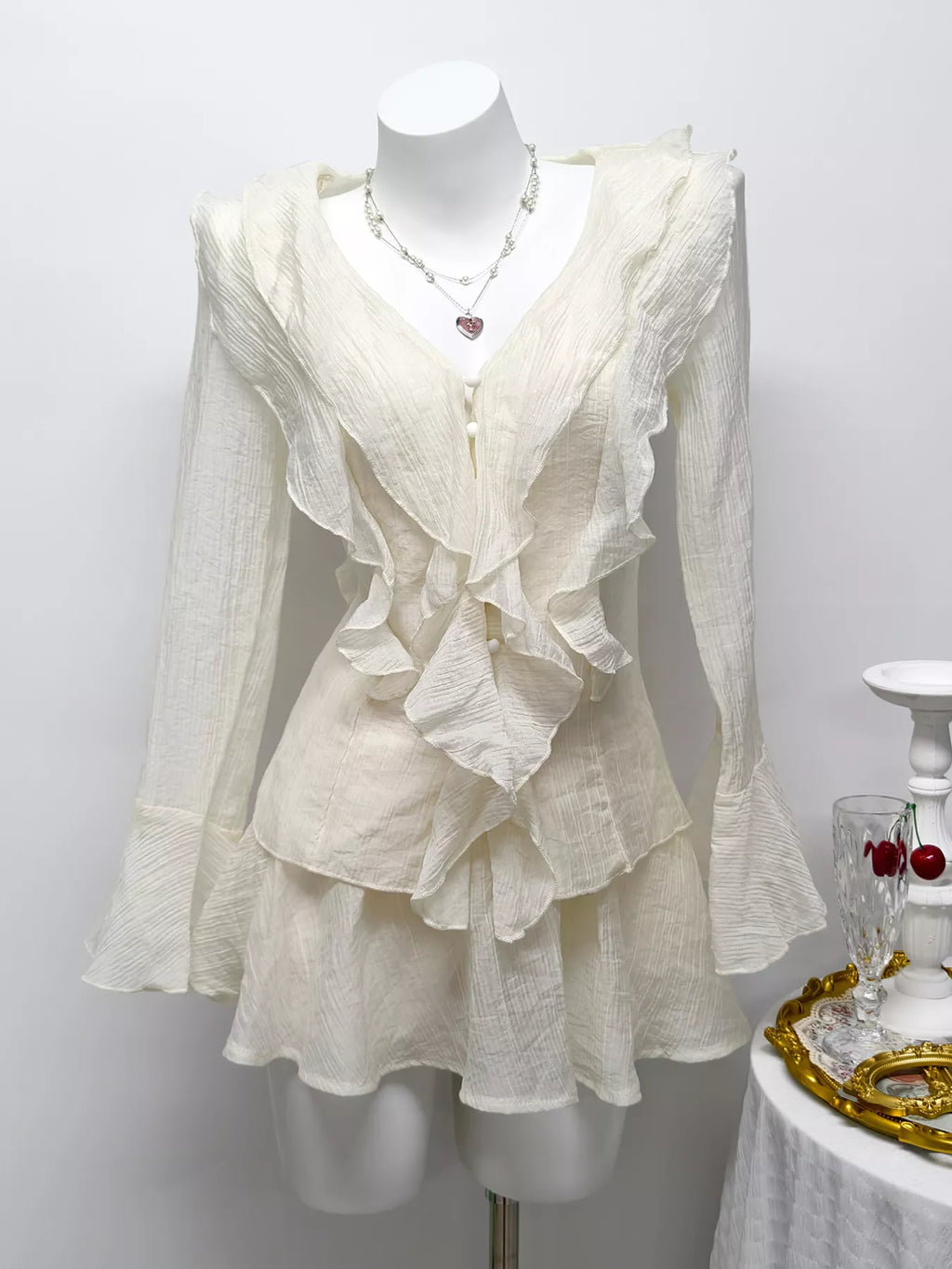 Ruffle Trimmed Blouse and Skirt Set