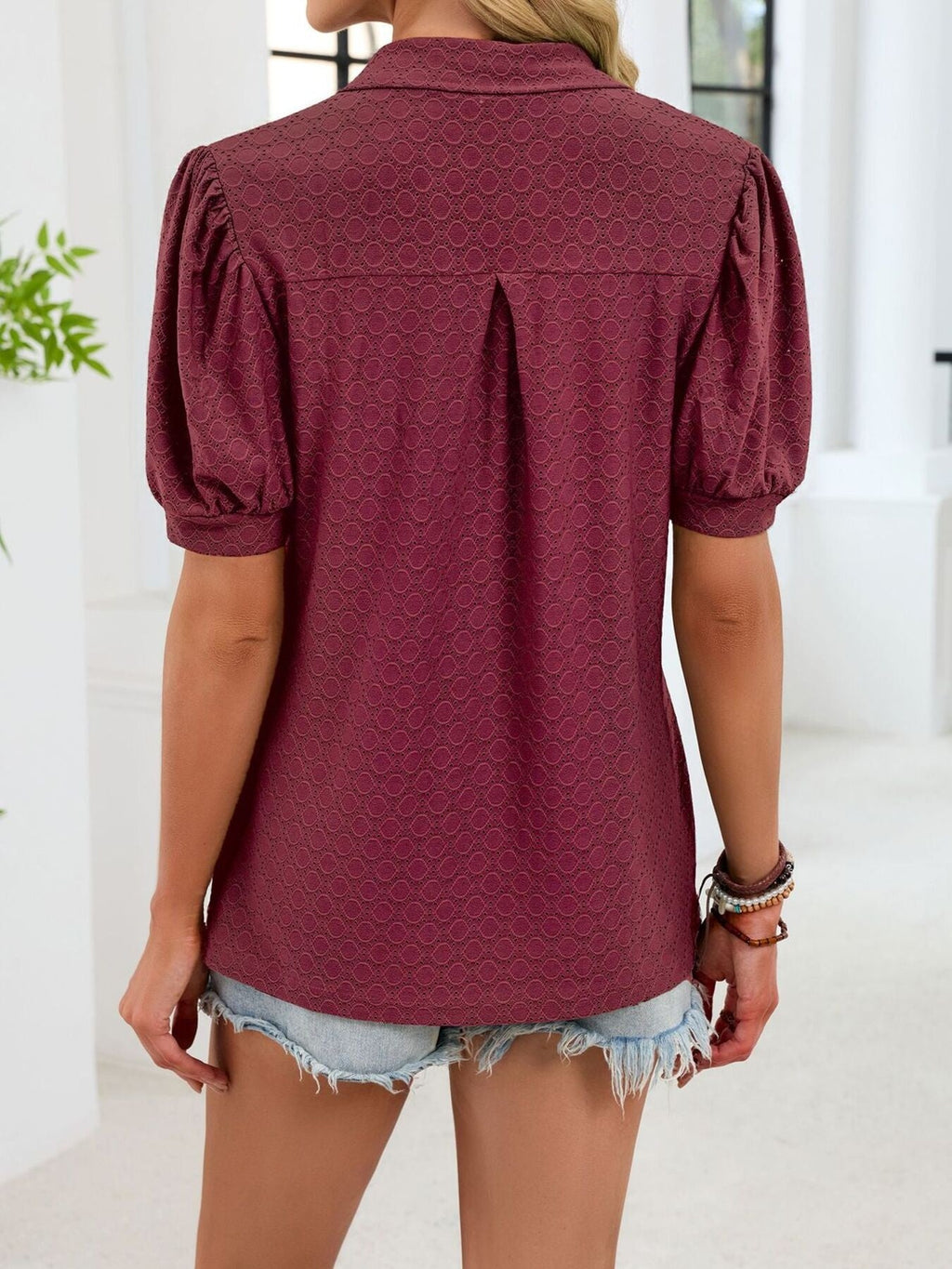 Eyelet Johnny Collar Puff Sleeve Top