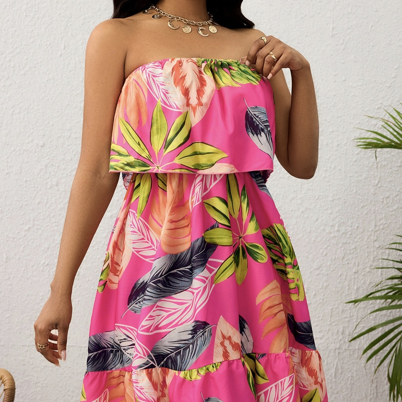 Tropical Strapless Off-Shoulder Vacation Dress