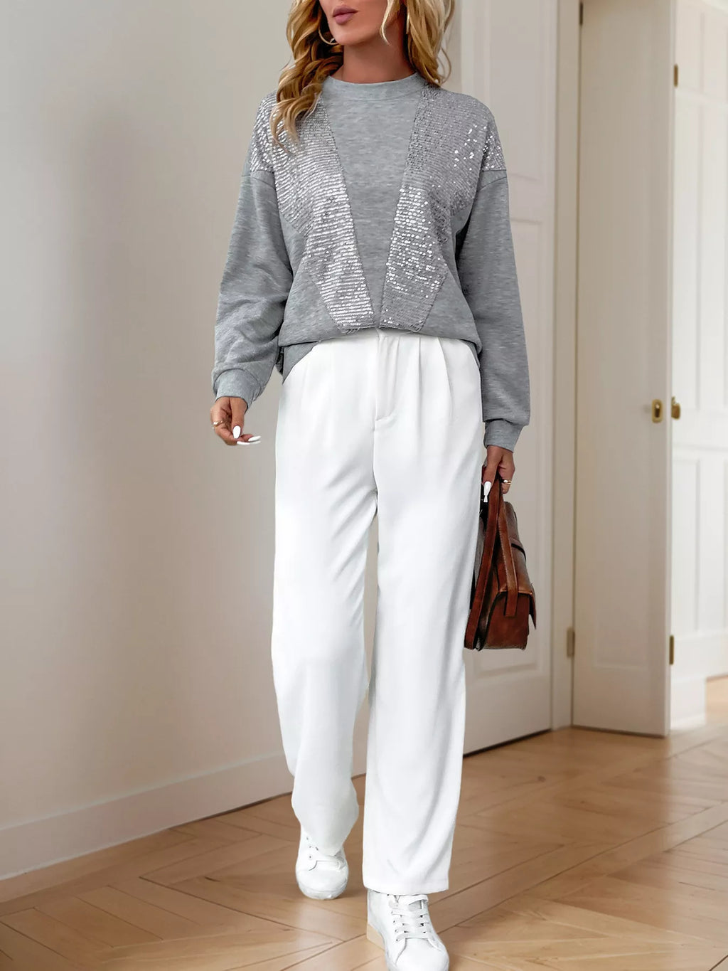 Sequin Round Neck Dropped Shoulder Sweatshirt