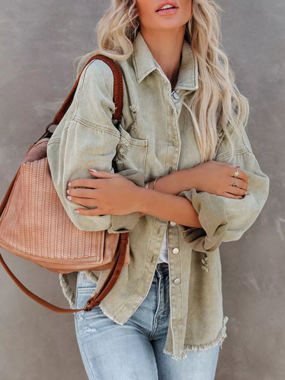 Raw Hem Button Up Denim Shacket