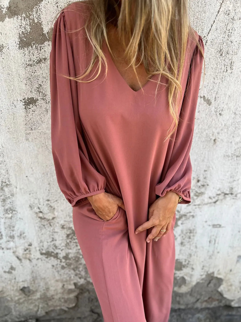 Full Size Slit V-Neck Balloon Sleeve Midi Dress Plus Size
