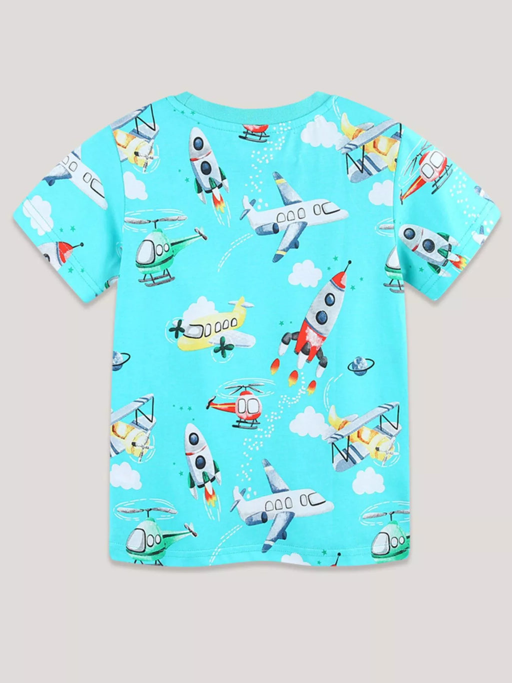 Children's Airplane & Rocket Print Crew Neck Short Sleeve T-Shirt