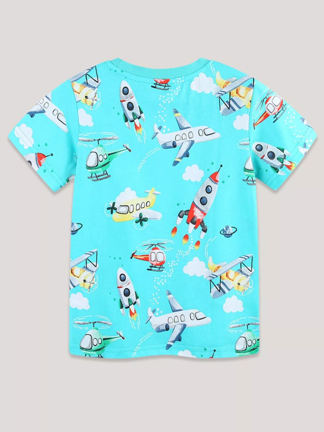 Children's Airplane & Rocket Print Crew Neck Short Sleeve T-Shirt
