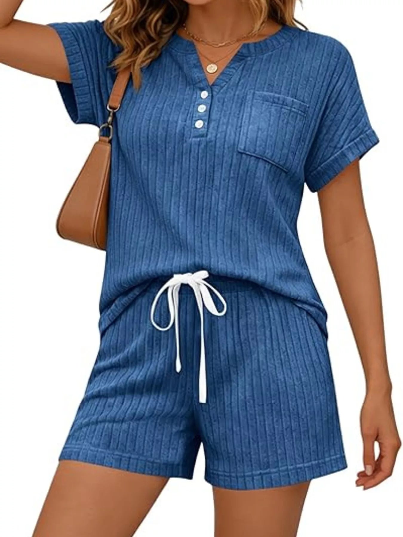 Casual Ribbed Knit Tee and Shorts Set