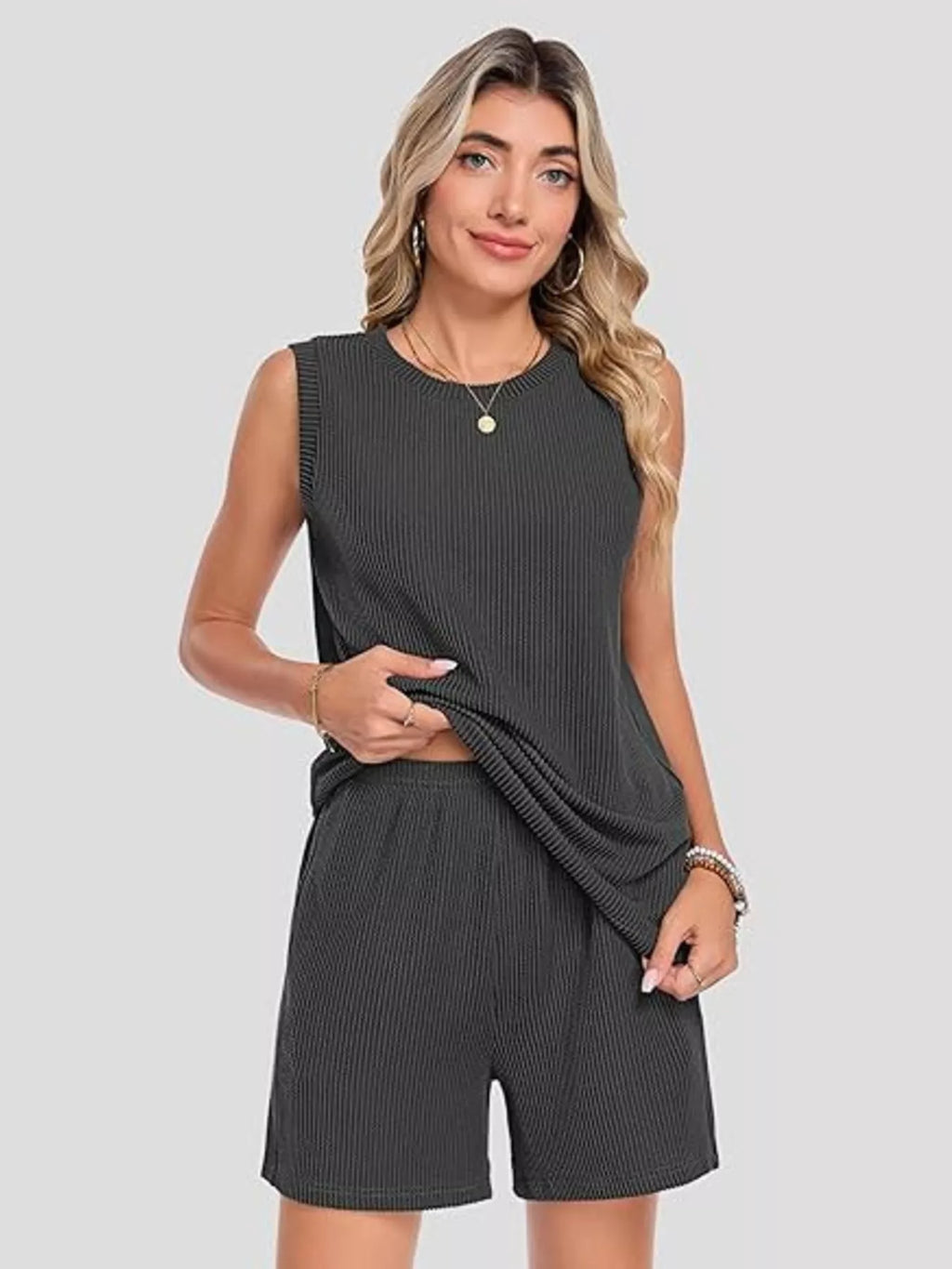 Casual Ribbed Knit Sleeveless Top and Shorts Set