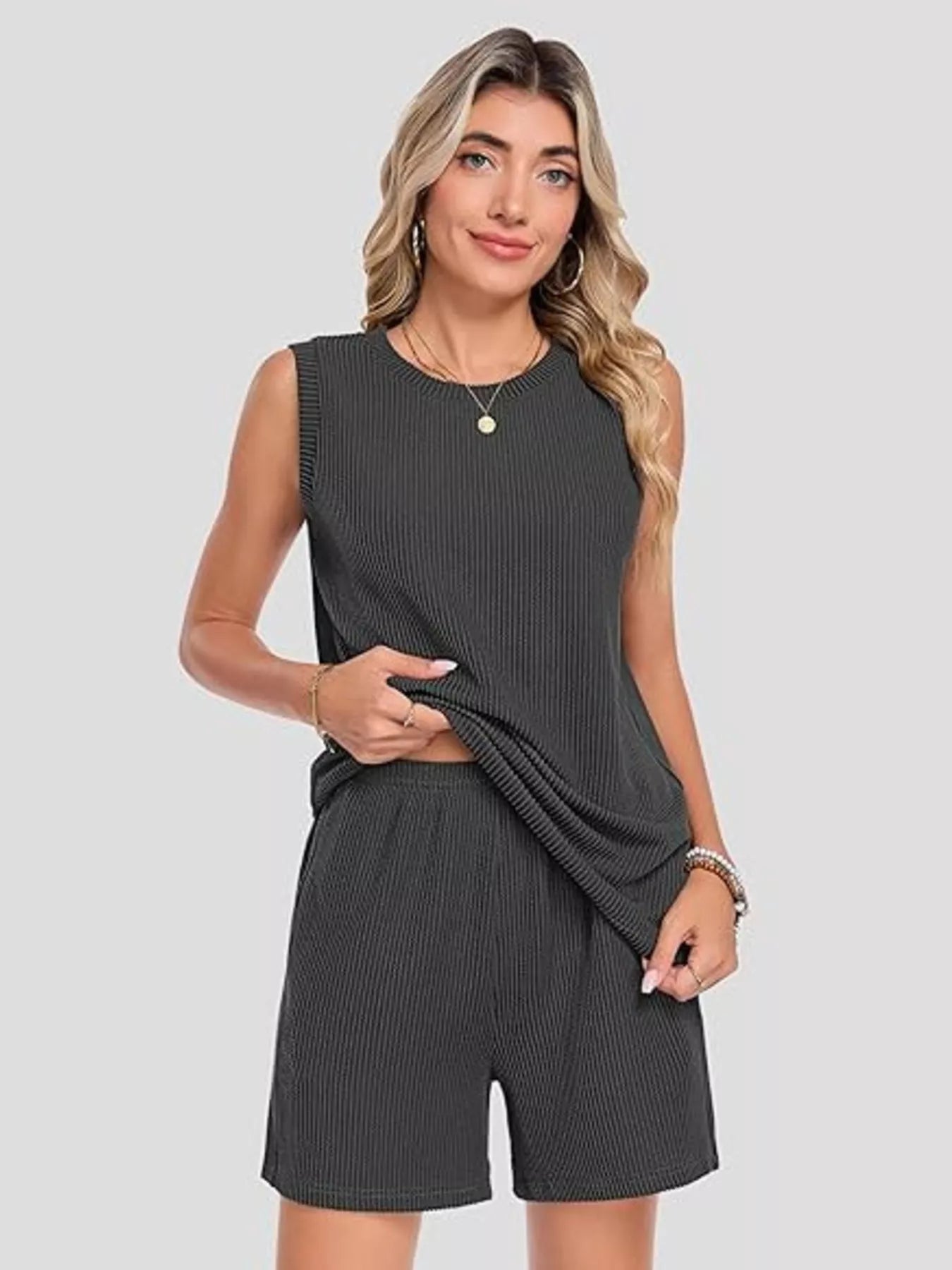 Casual Ribbed Knit Sleeveless Top and Shorts Set