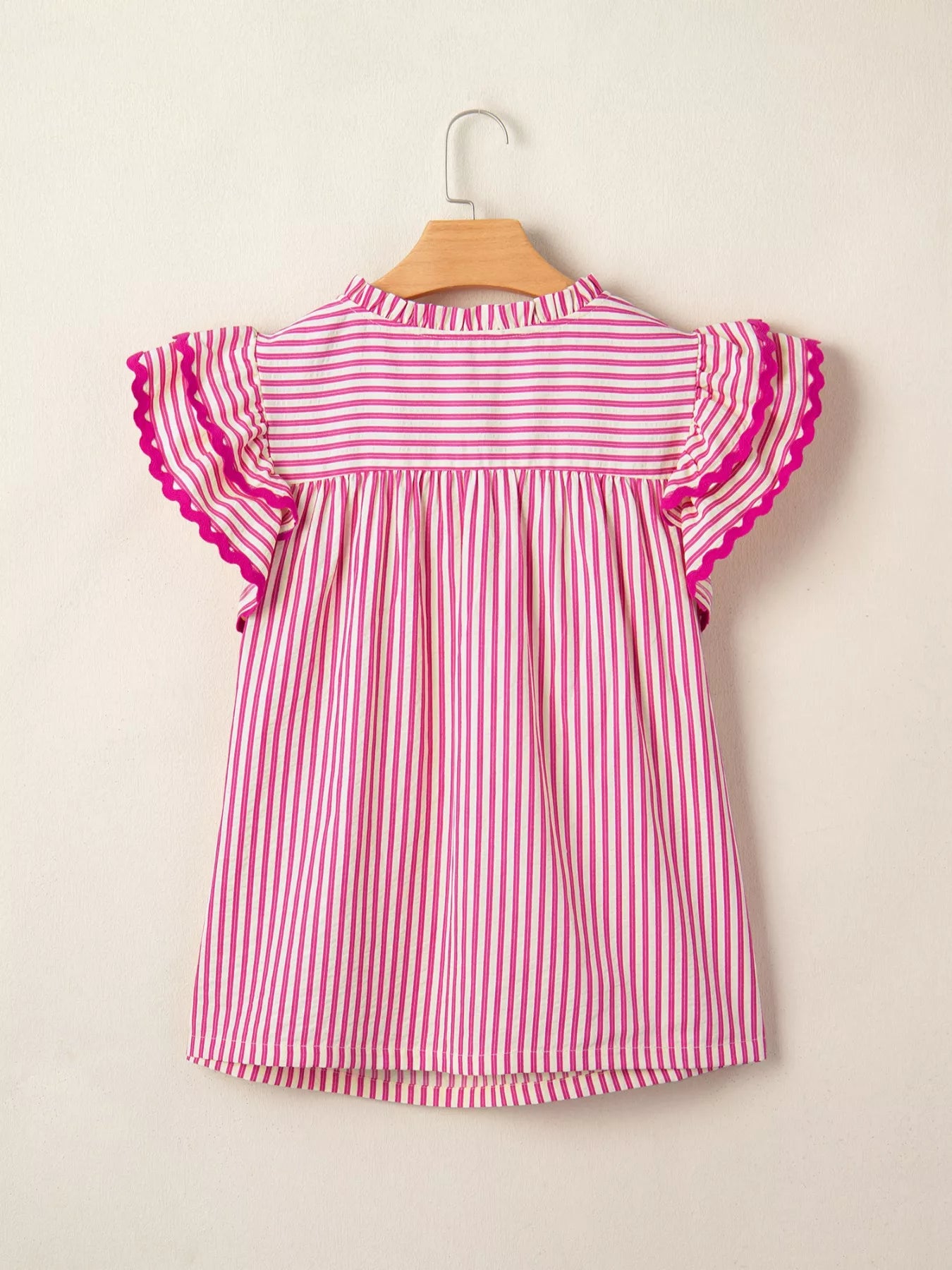 Stripe Shirred Yoke Ruffled Short Sleeve Blouse