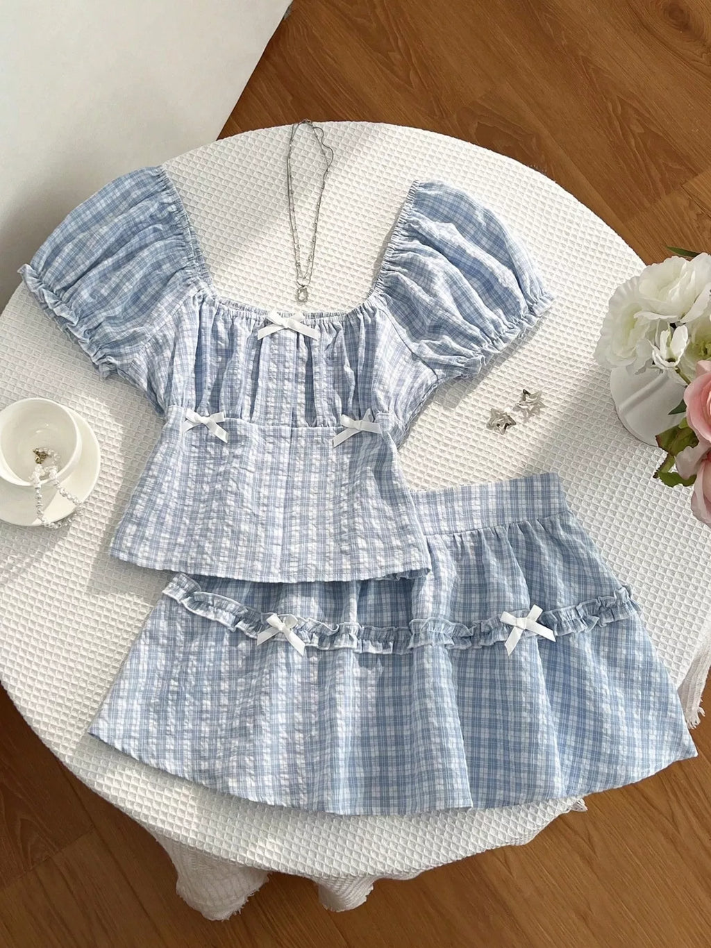 Plaid Puff Sleeve Blouse and Skirt Set