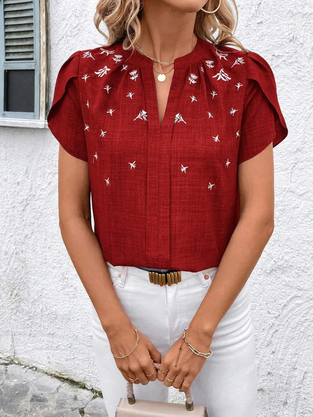 Floral Notched Short Sleeve Blouse