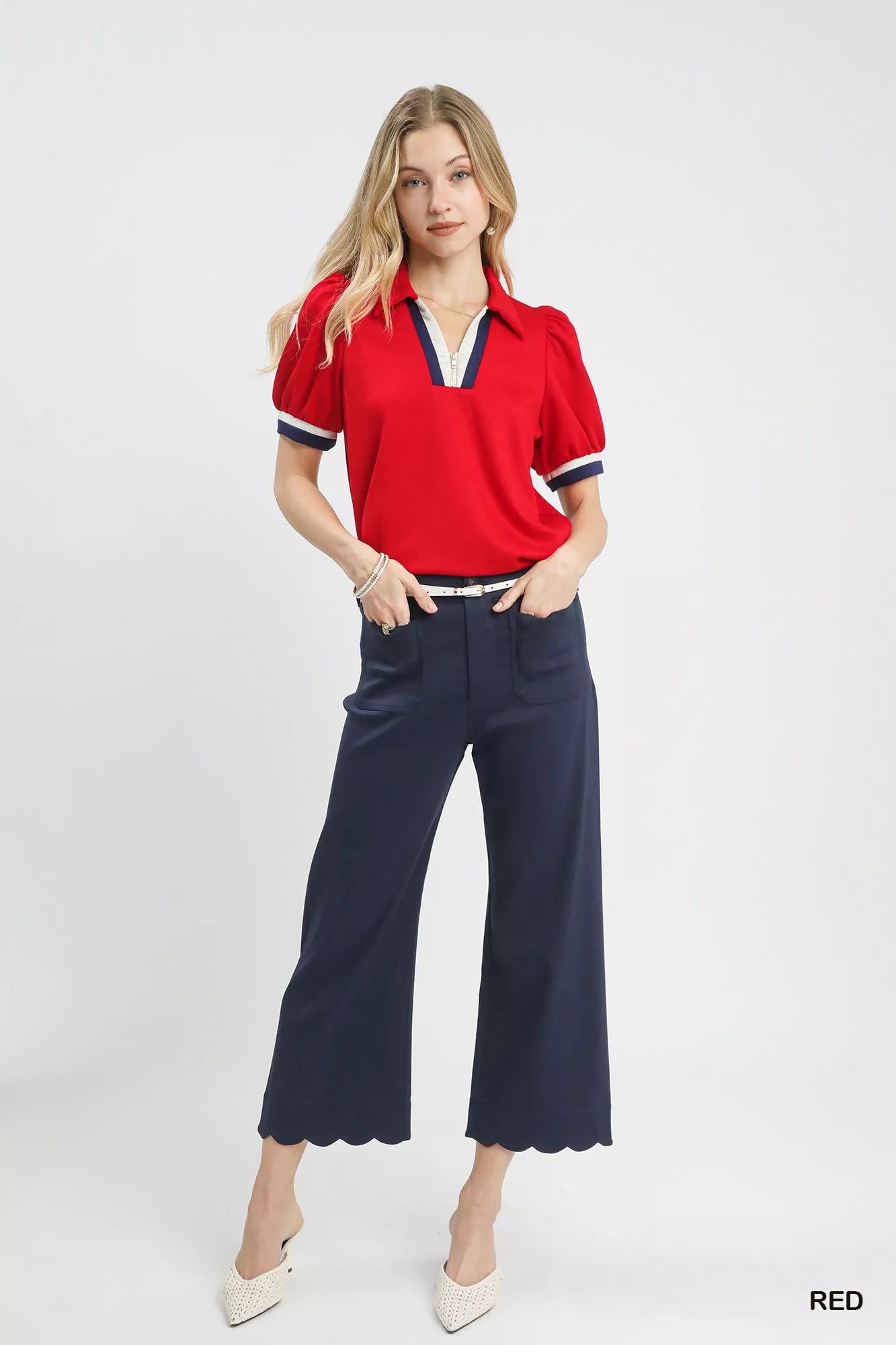 Umgee Puff Sleeve Zip Front Top with Contrast Striped Trim