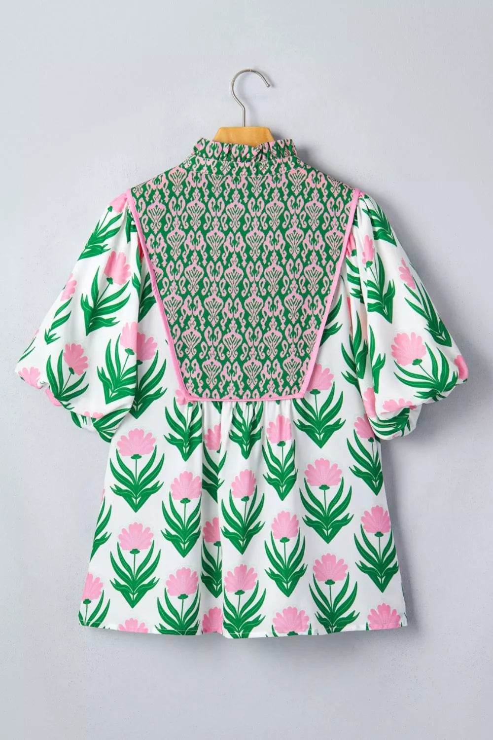 Multicolour Floral Print Puff Sleeve Contrast Bordered V Neck Blouse