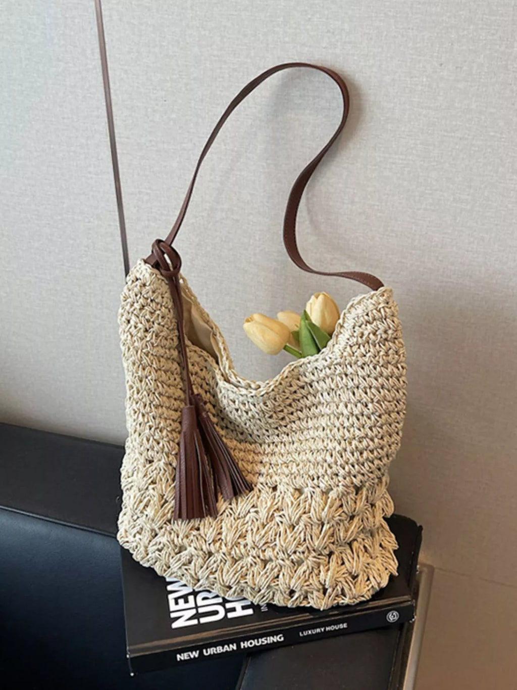 Woven Straw Shoulder Bag with Tassels