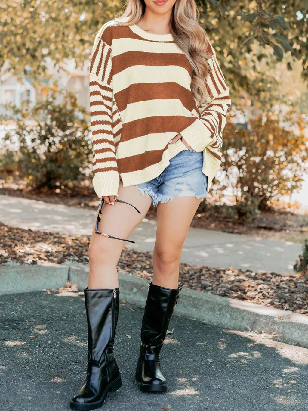 Stripe Drop Shoulder Sleeve Patchwork Baggy Sweater