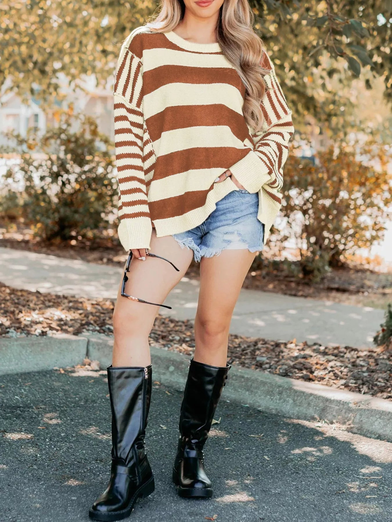 Stripe Drop Shoulder Sleeve Patchwork Baggy Sweater