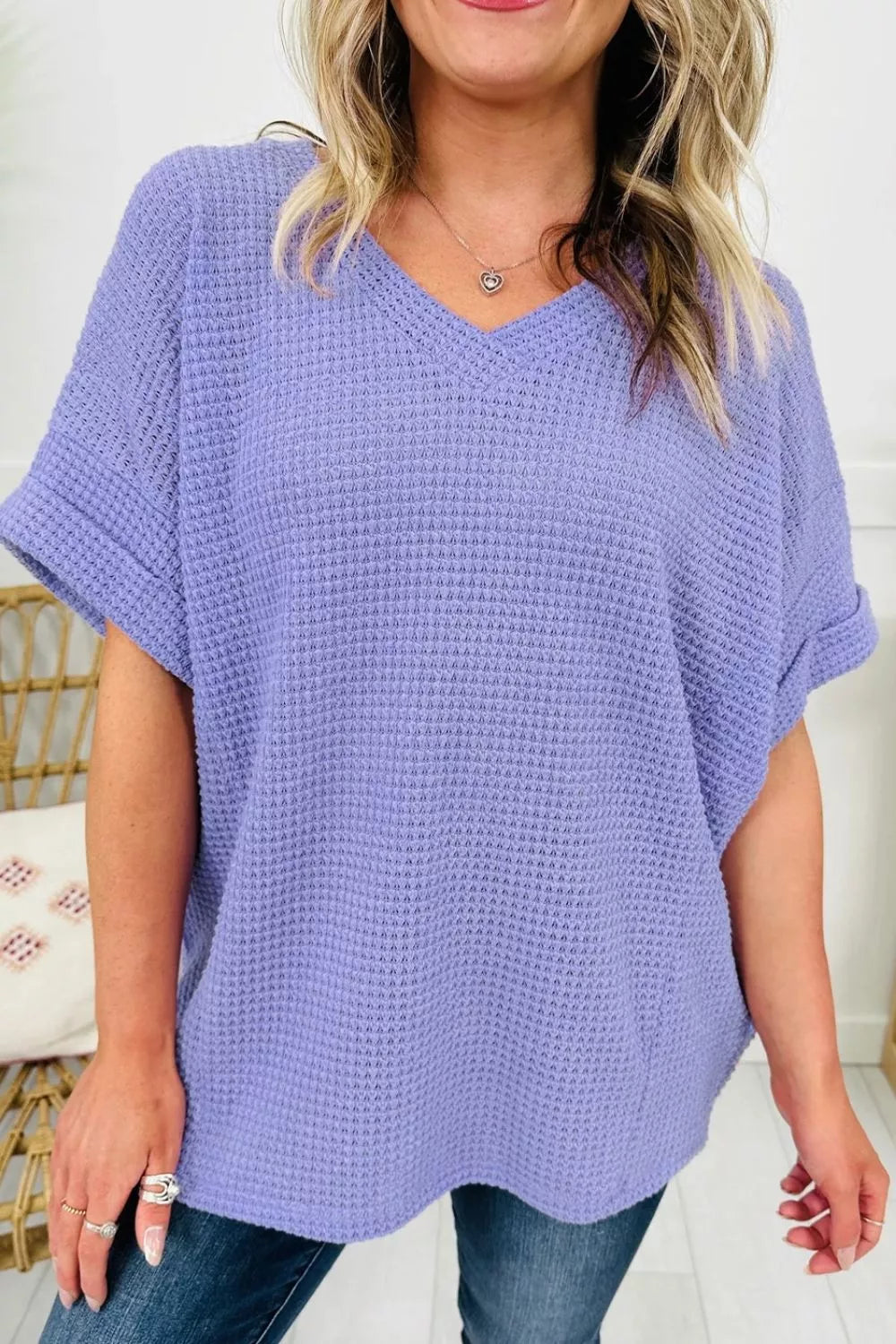 V Neck Short Sleeve Plus Size Waffle Knit Top