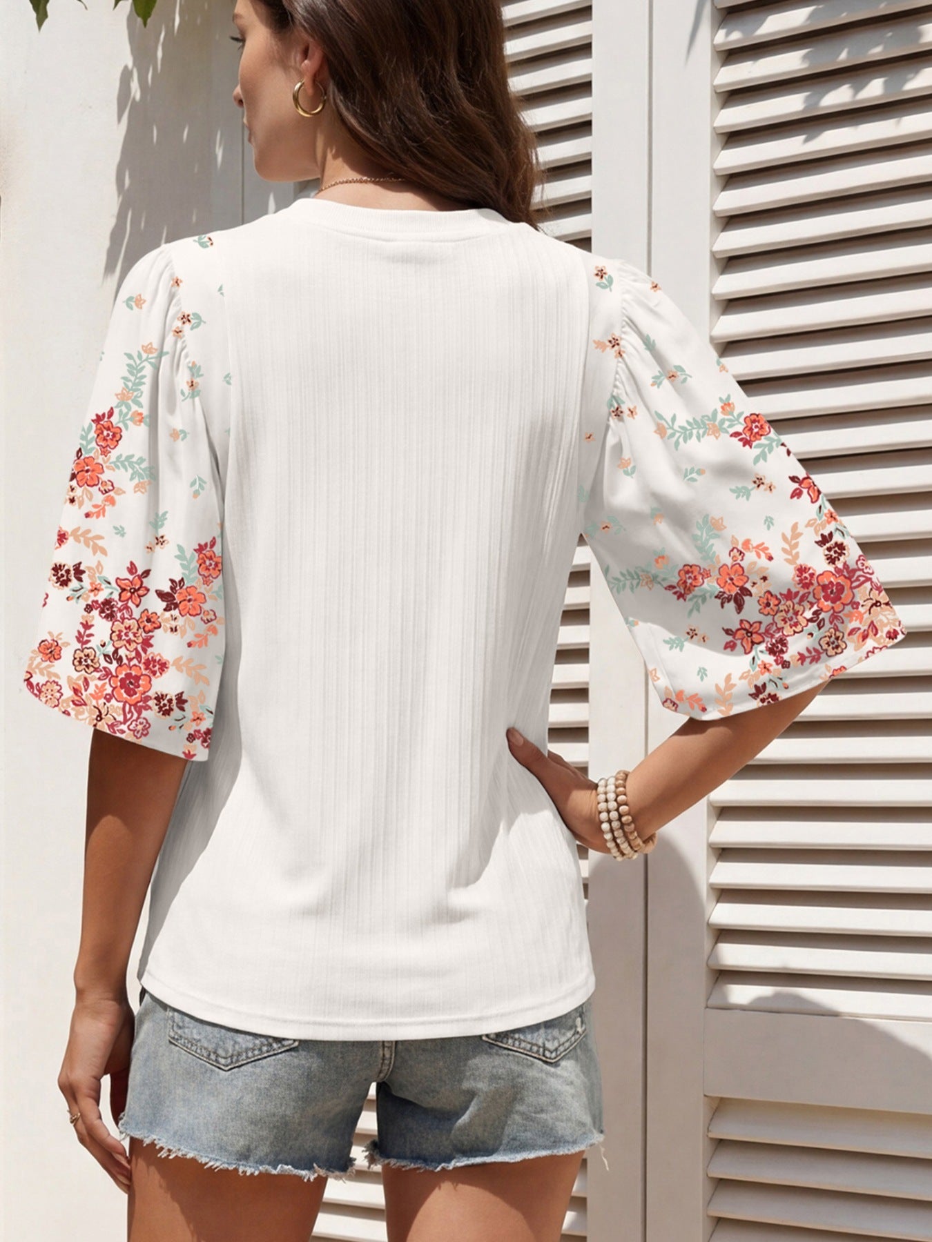 Ribbed Texture Floral Print Half Sleeve Patchwork Top