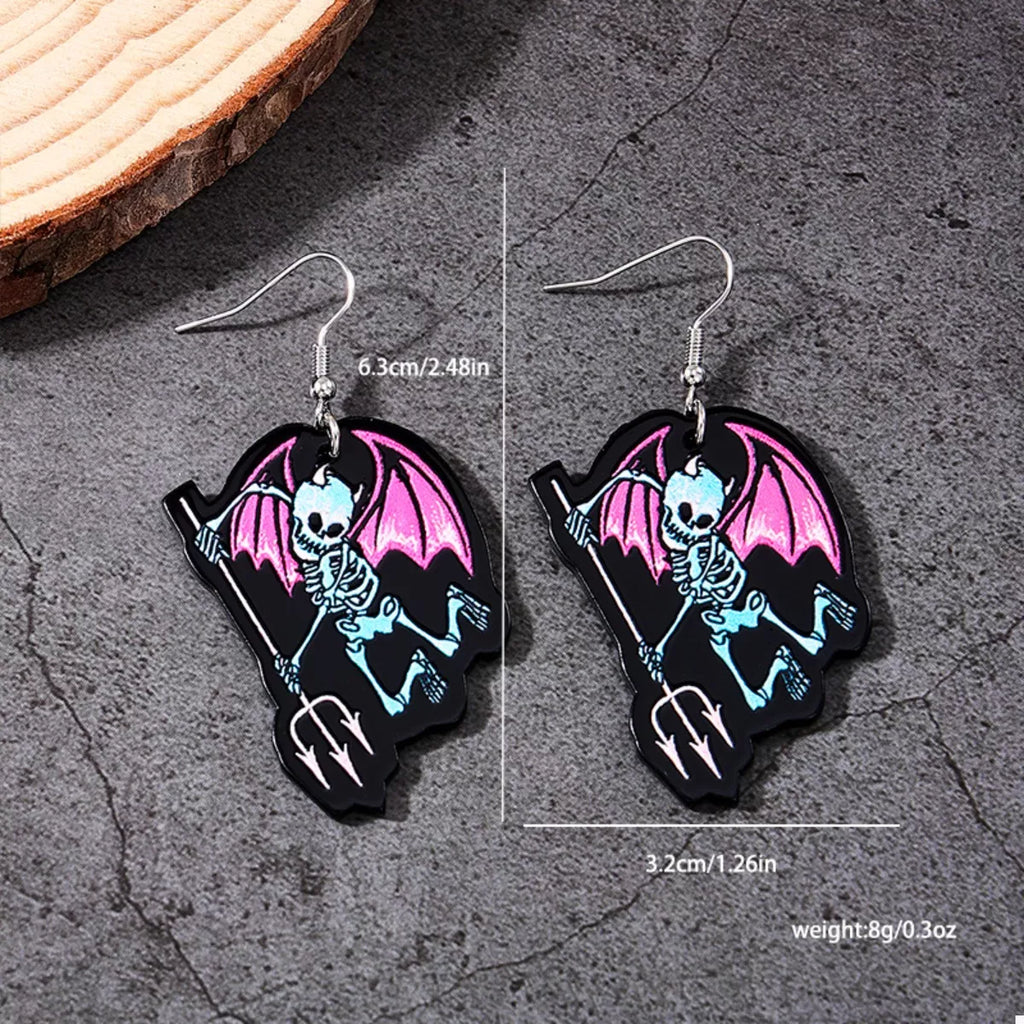 Halloween Spooky Skeleton Devil Wing Dangle Earrings