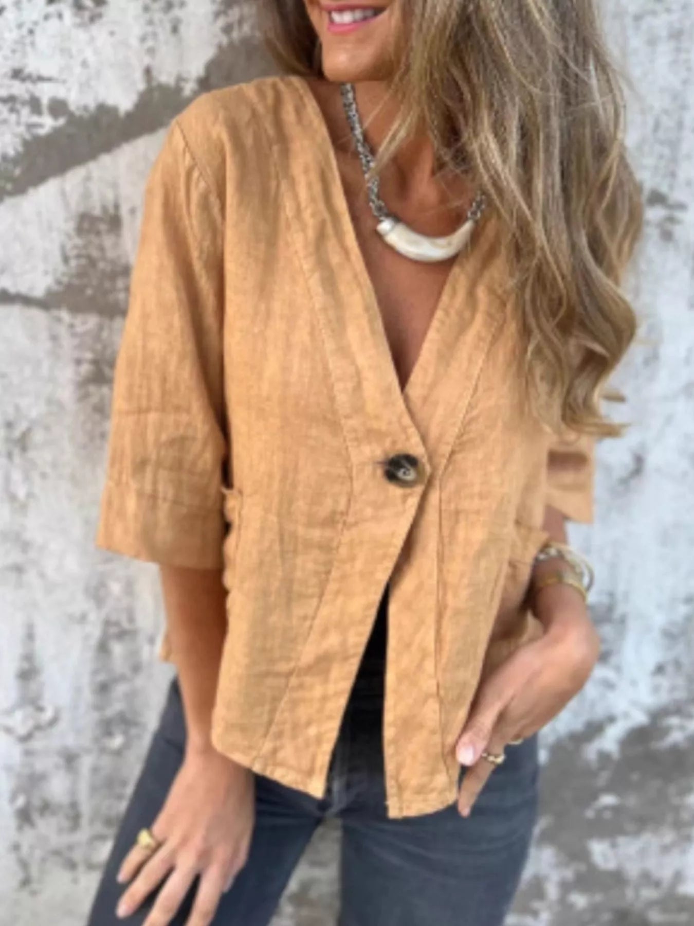 Full Size One Button V-Neck Shirt Plus Size