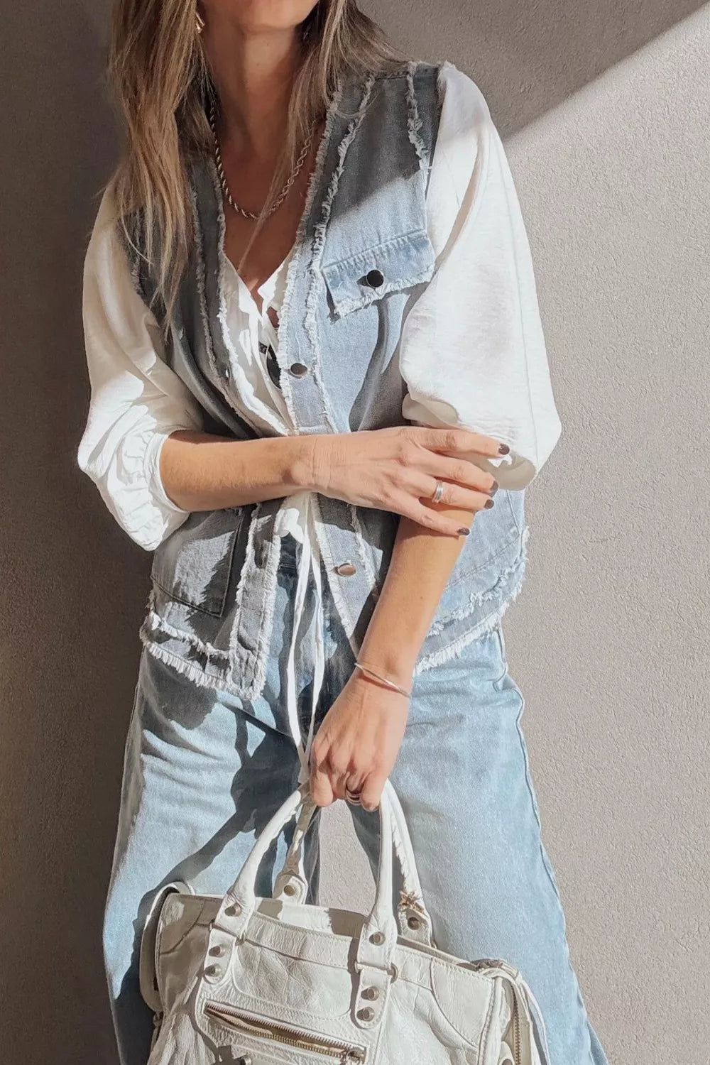 Frayed Edge Flap Pockets Denim Vest Jacket