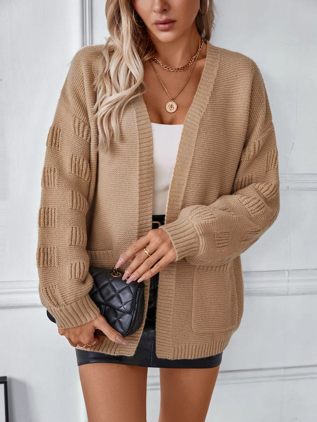 Textured Knit Open Front Cardigan