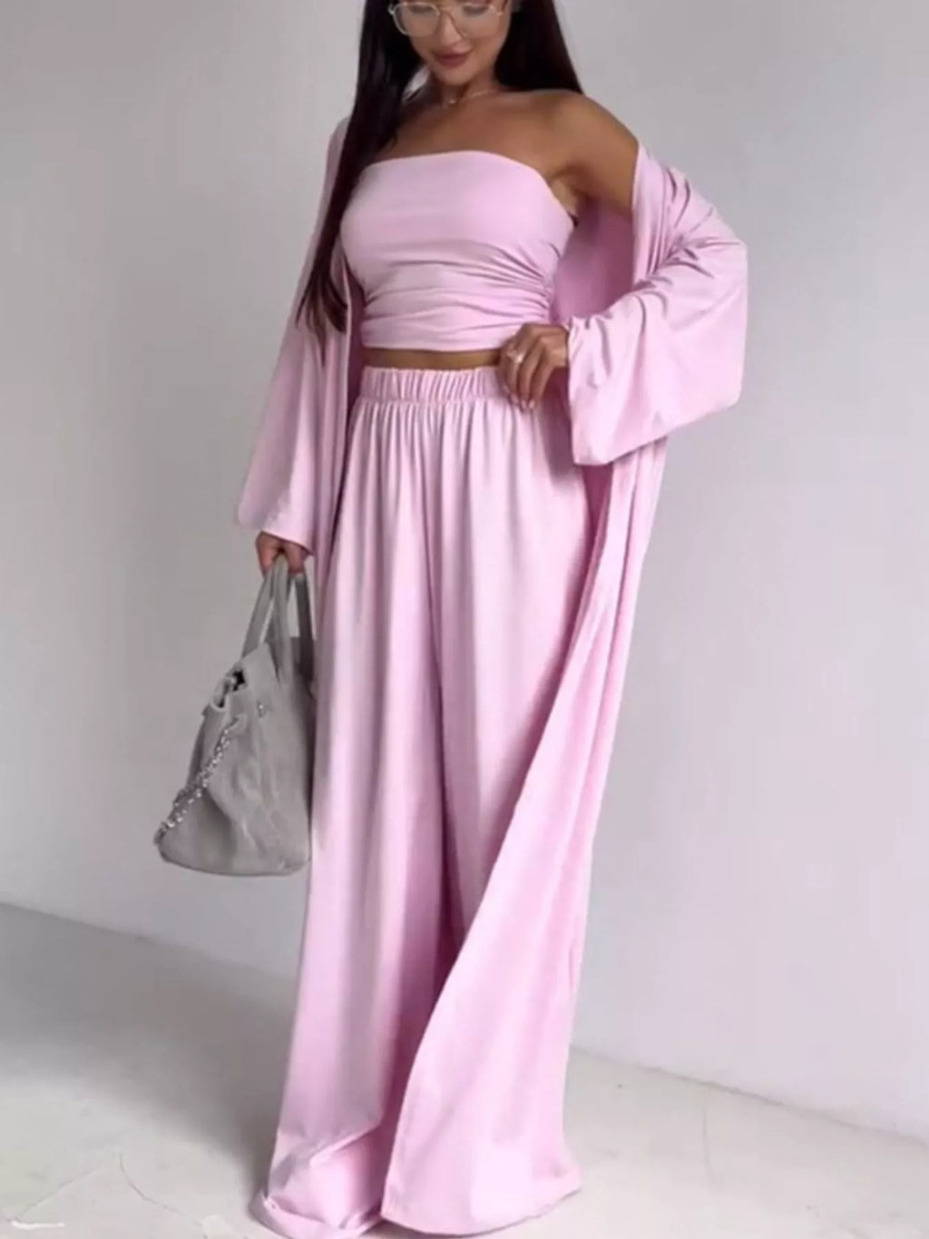 Tube Top & Cardigan & Wide Leg Pants 3-Piece Set