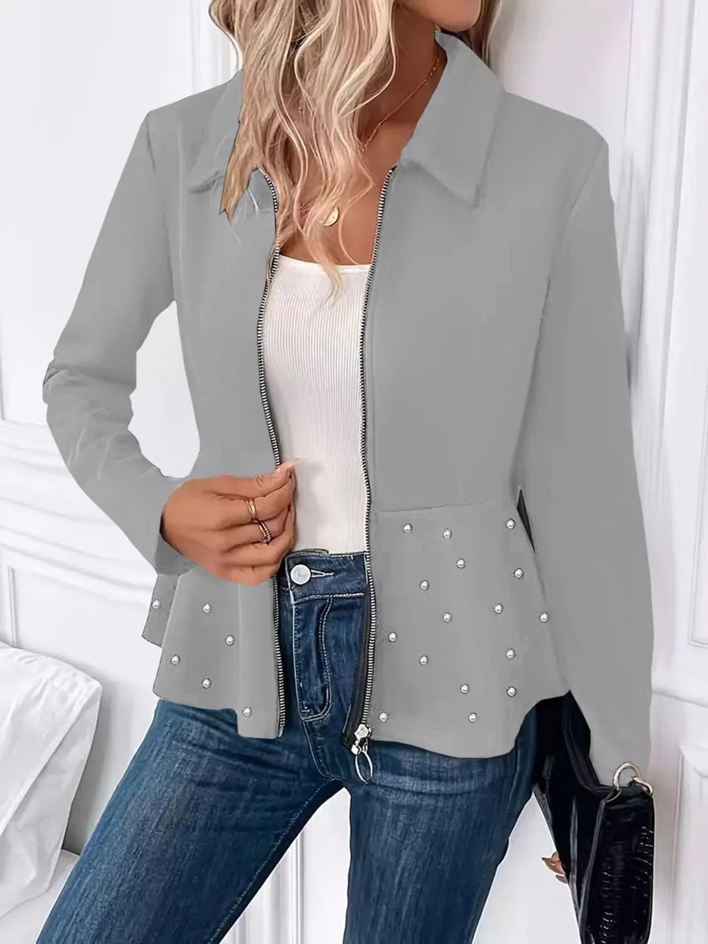 Pearl Embellished Zip-Up Peplum Outerwear