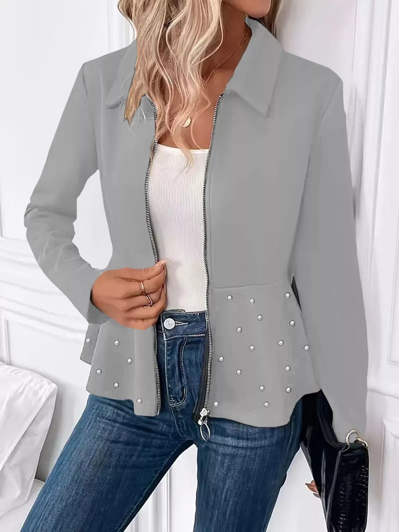 Pearl Embellished Zip-Up Peplum Outerwear