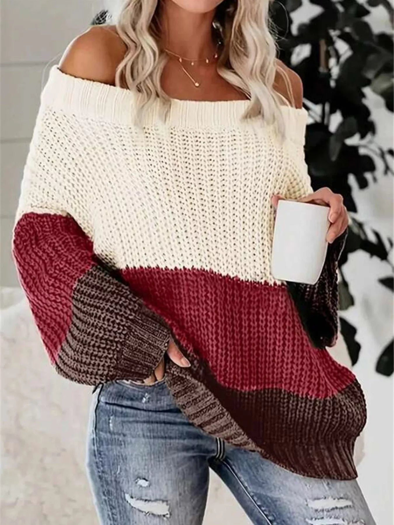Off-Shoulder Color Block Sweater