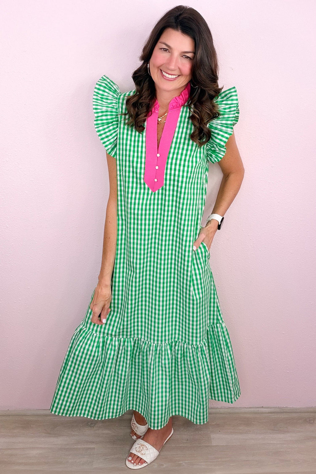 Gingham Colorblock Ruffle Sleeve Midi Dress