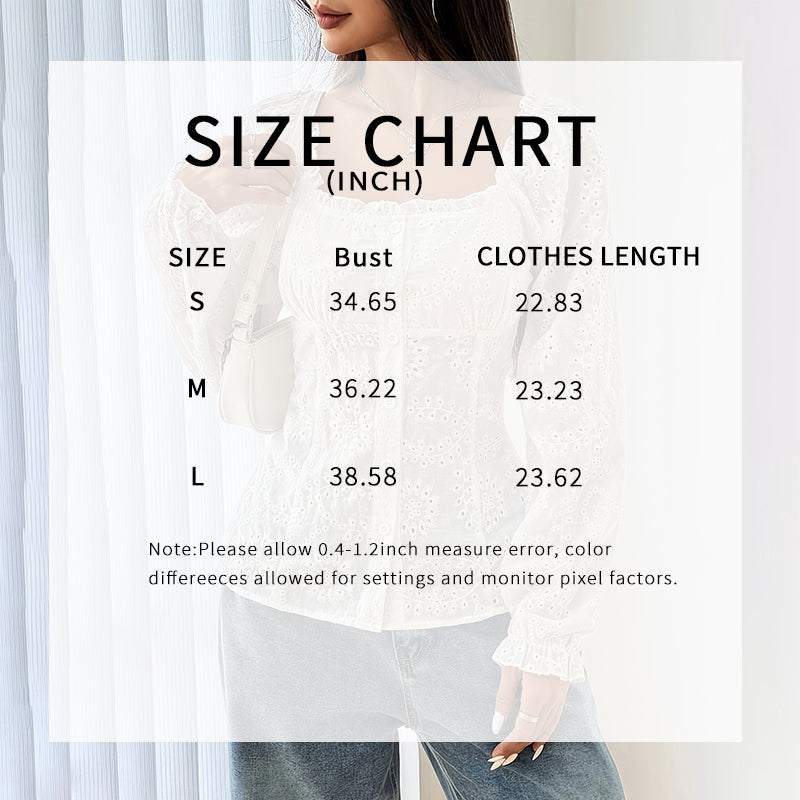 Women’s Square Neck Eyelet Lace Blouse – Puff Sleeve Hollow-Out Button Top