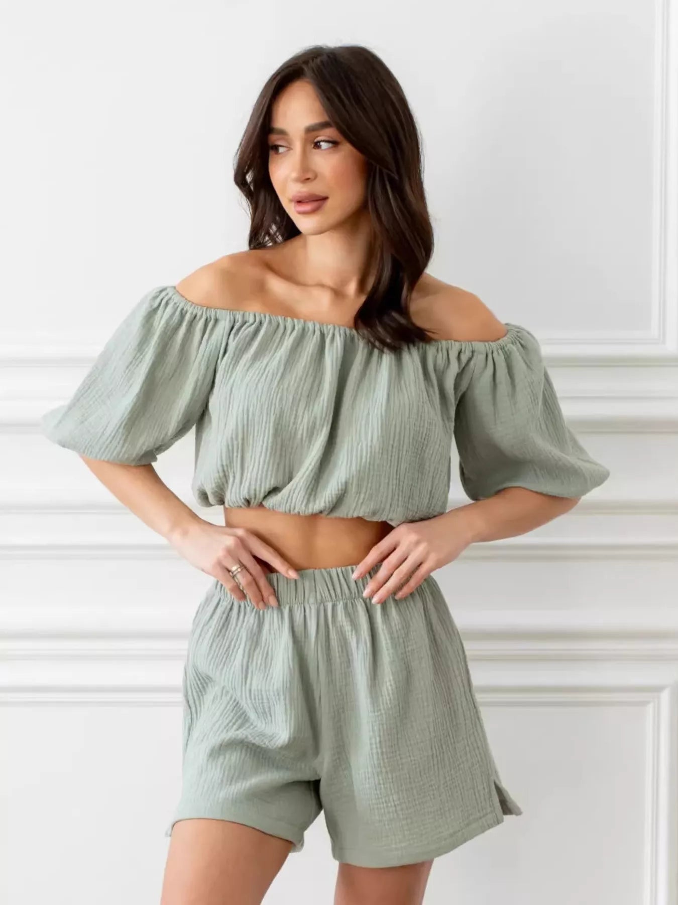 Off-Shoulder Cropped Top and Shorts Set
