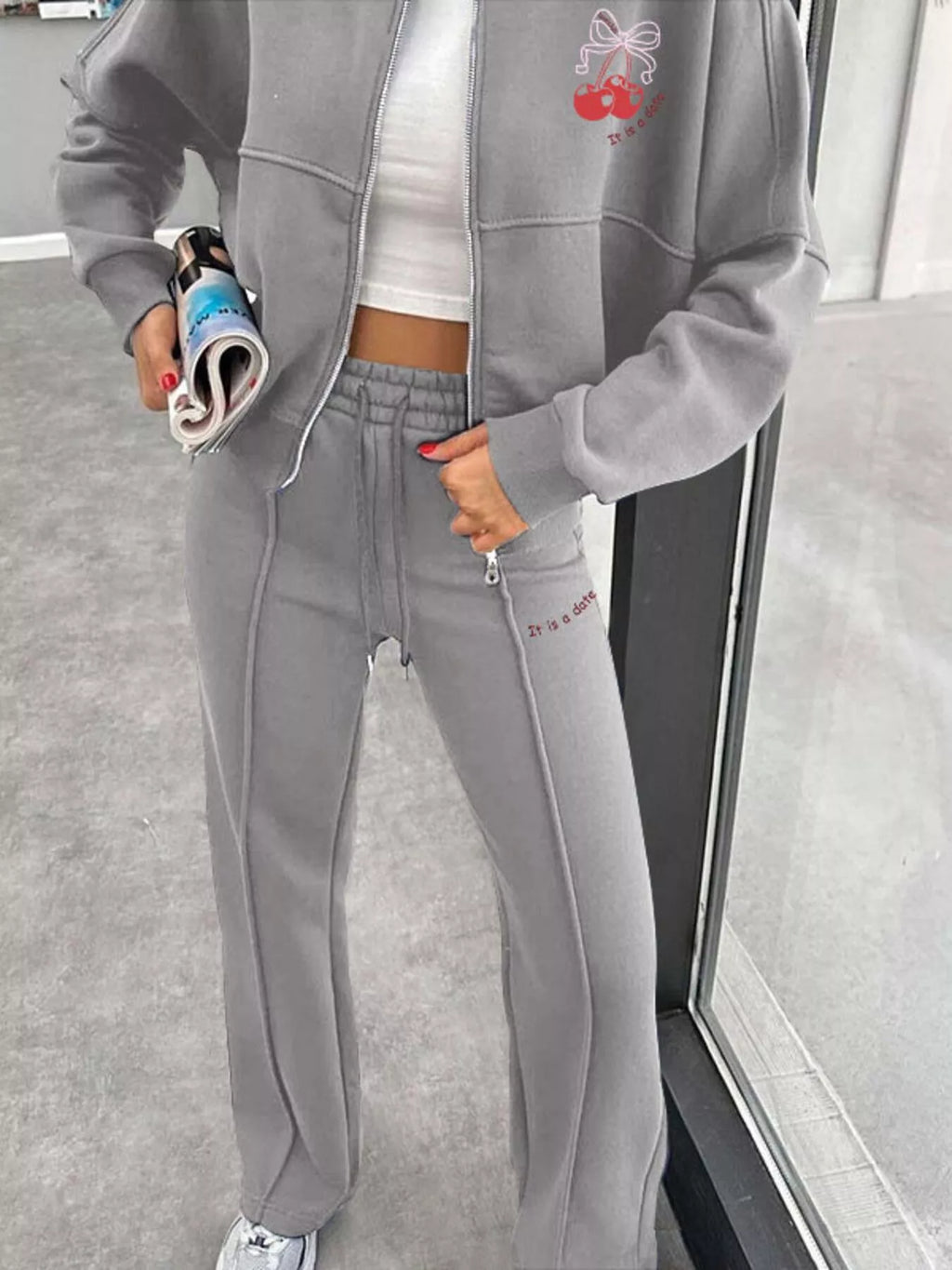 Zip Up Dropped Shoulder Outerwear and Pants Set