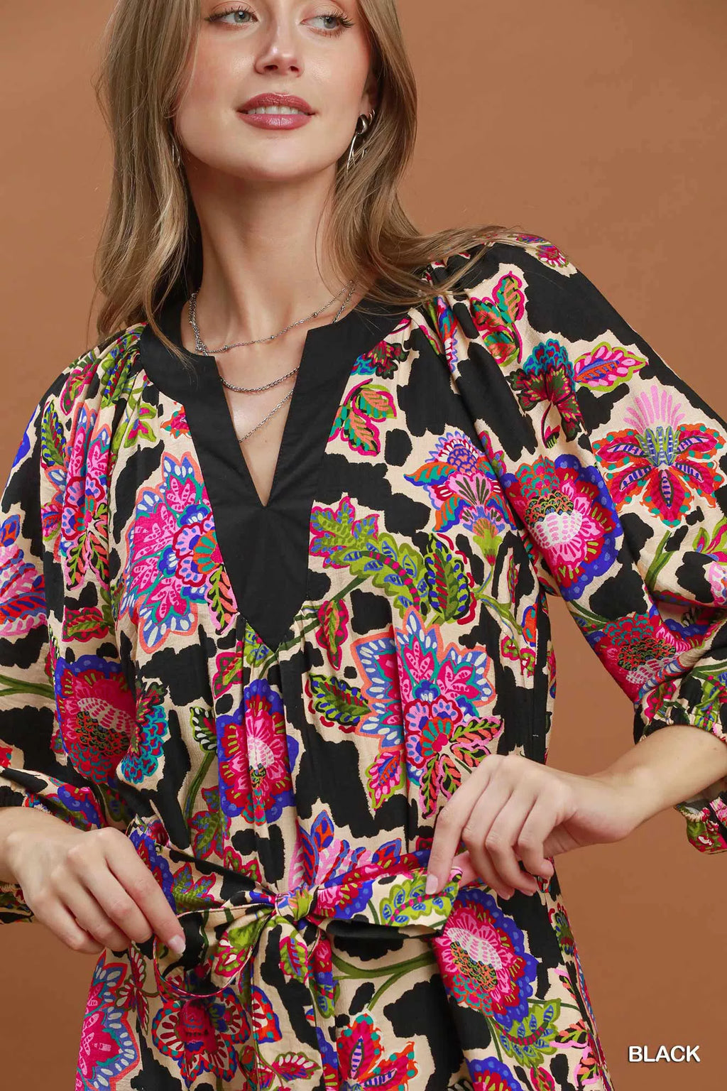 Umgee Abstract Print Embroidered Belted Midi Dress